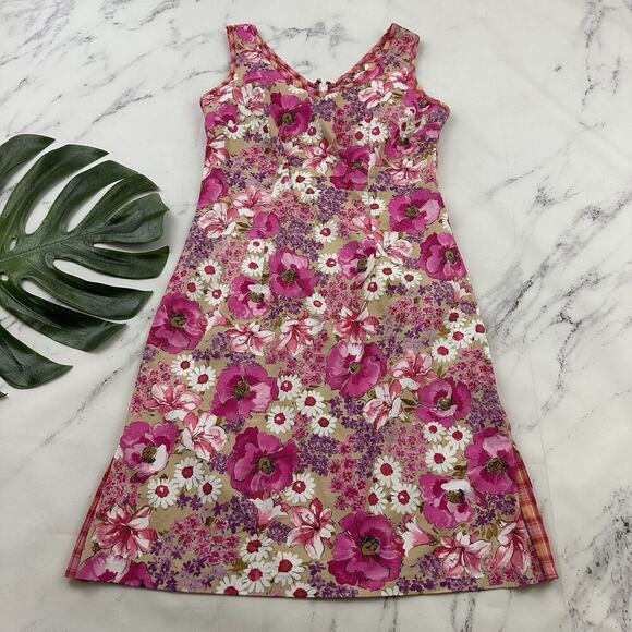CDC Womens Vintage Y2k Sheath Dress Size 8 Pink Purple Floral Plaid Trim Spring - Picture 1 of 9
